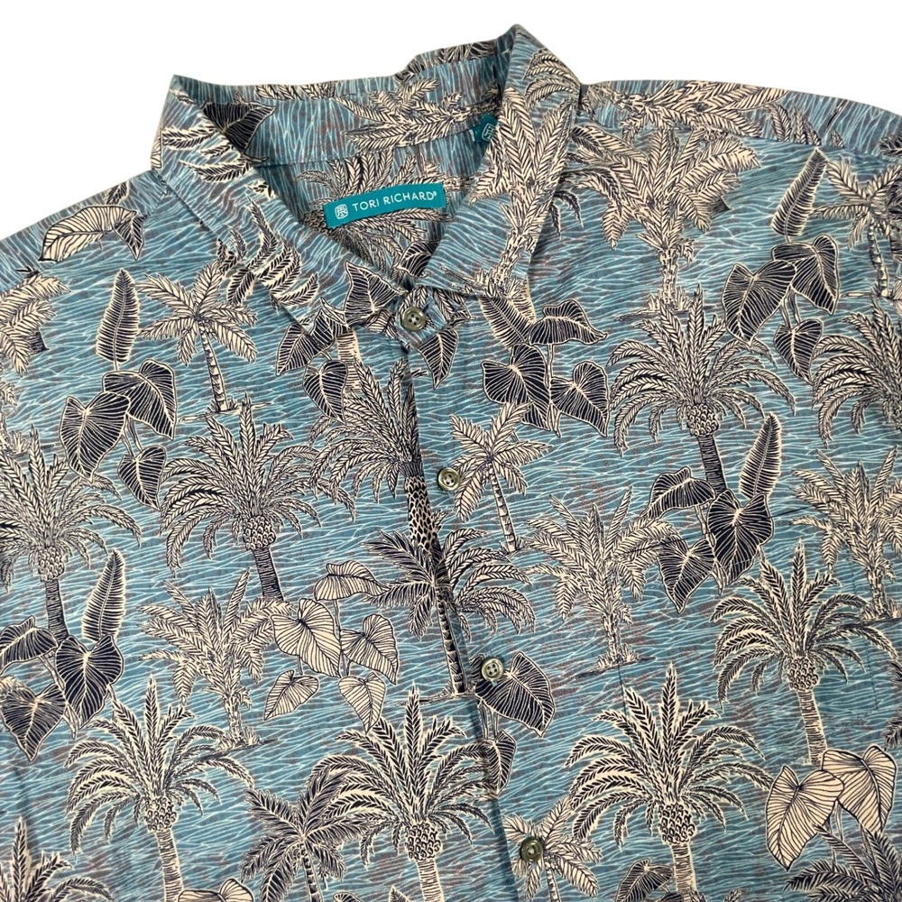 Tori Richard Shirt Mens 2XL Blue Palm Tree Cotton Lawn Aloha Made in Hawaii